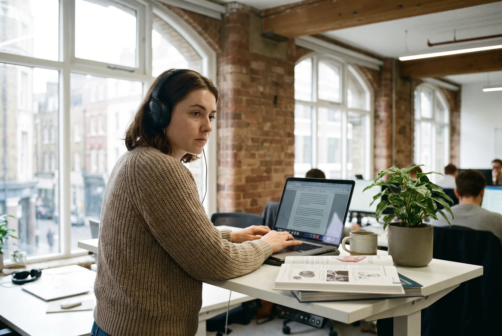 A content writer working at a standing desk in a London office