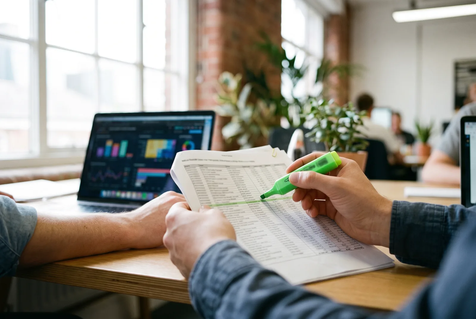 Two people reviewing a highlighted keyword research spreadsheet