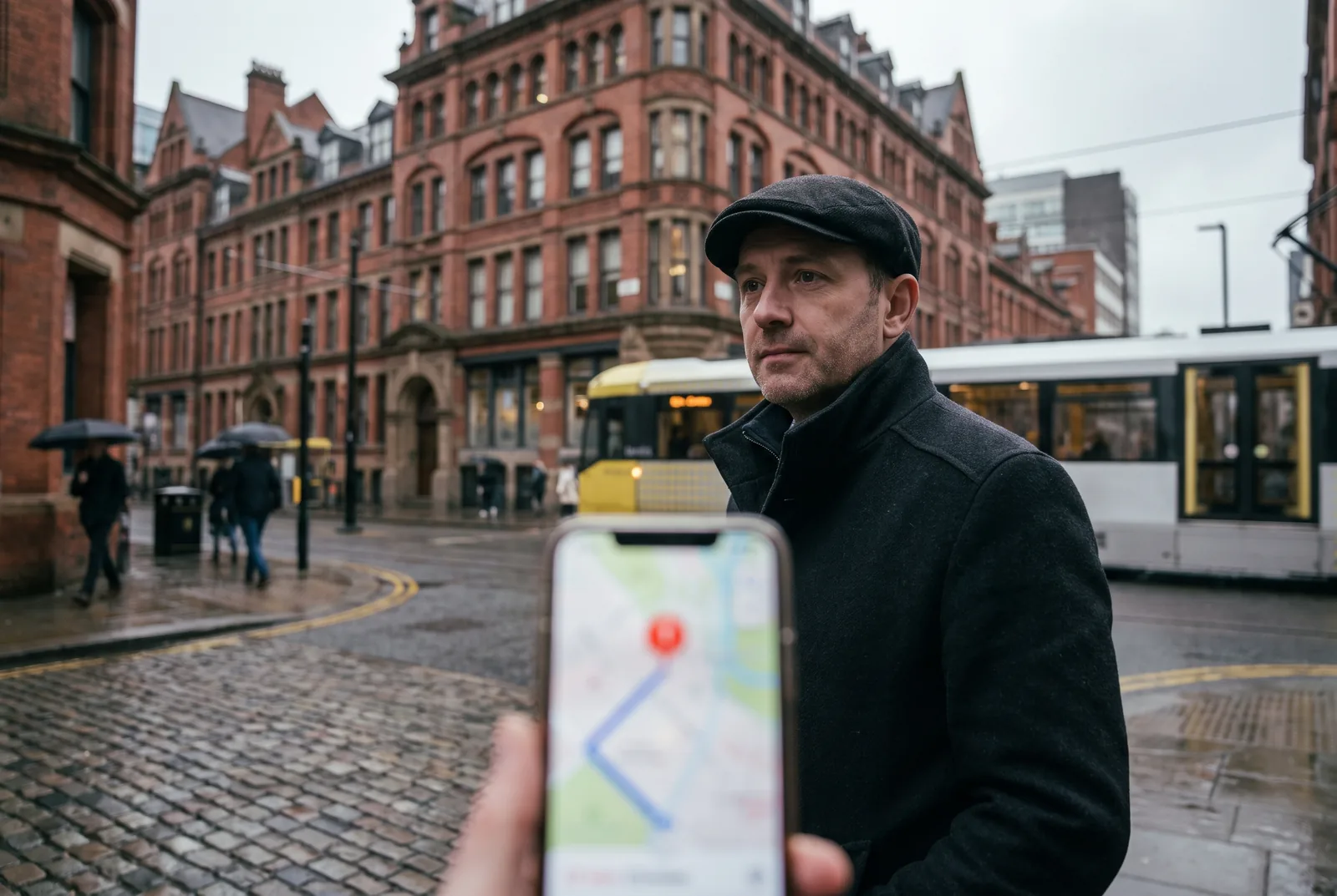 A man checking a map on his phone on a Manchester street